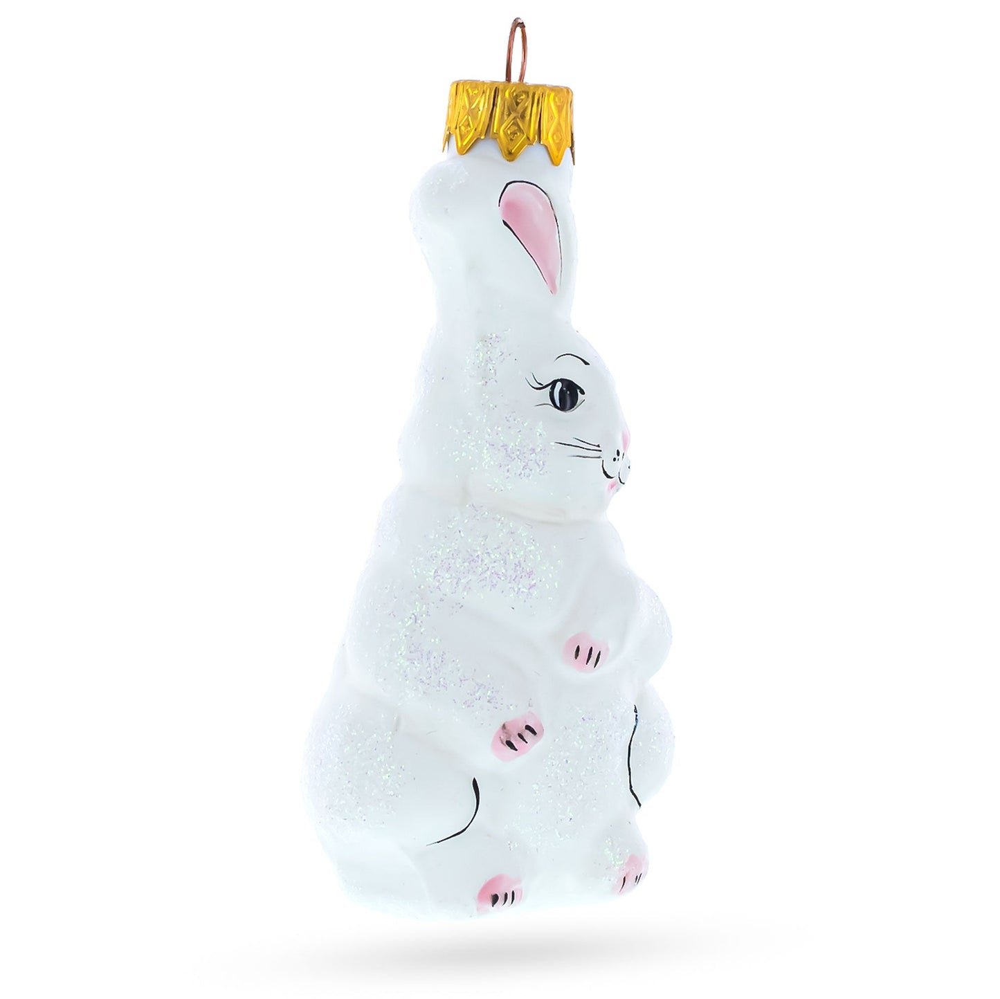 Whimsical White Bunny with Pink Ears Glass Christmas Ornament