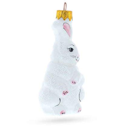 Whimsical White Bunny with Pink Ears Glass Christmas Ornament