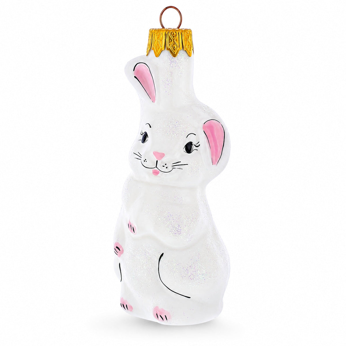 Whimsical White Bunny with Pink Ears Glass Christmas Ornament