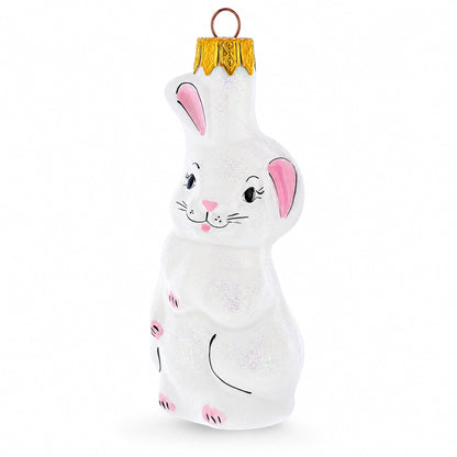 Whimsical White Bunny with Pink Ears Glass Christmas Ornament
