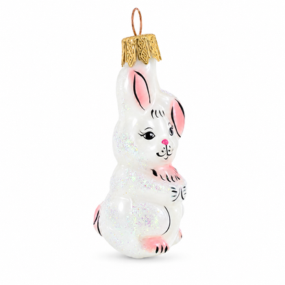 Whimsical White Rabbit with Pink Ears Glass Christmas Ornament