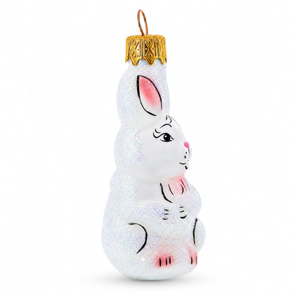 Tall Ear White Bunny Glass Christmas Ornament