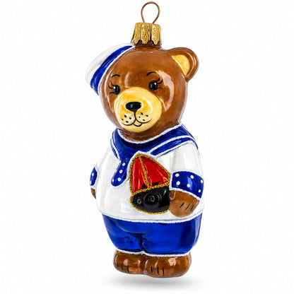 Sailor Teddy Bear with Nautical Outfit Glass Christmas Ornament