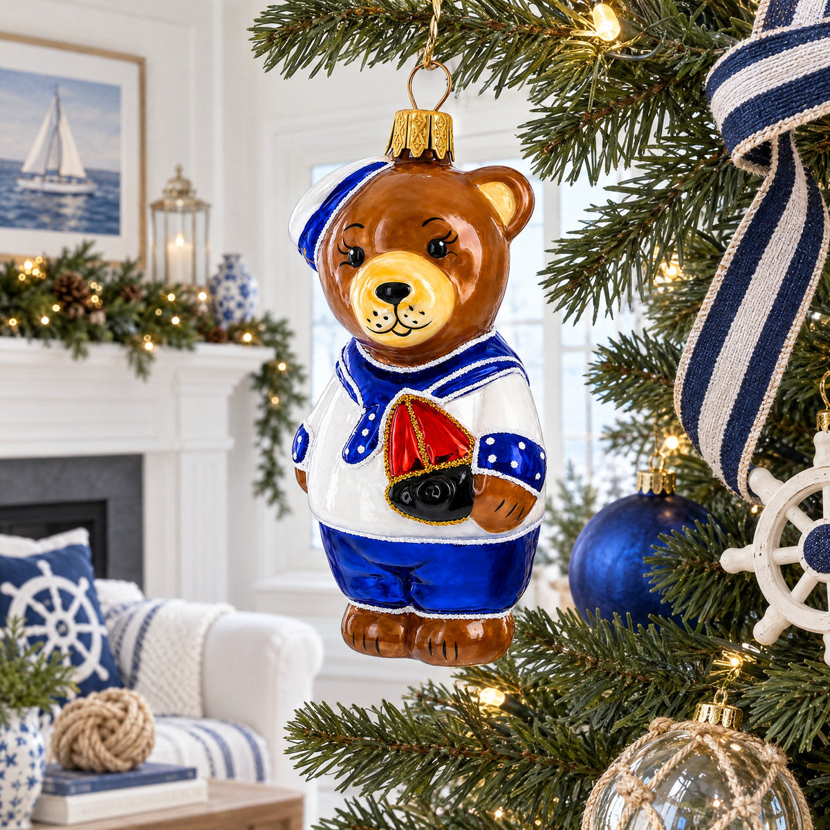 Sailor Teddy Bear with Nautical Outfit Glass Christmas Ornament