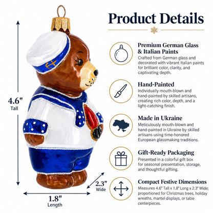 Sailor Teddy Bear with Nautical Outfit Glass Christmas Ornament