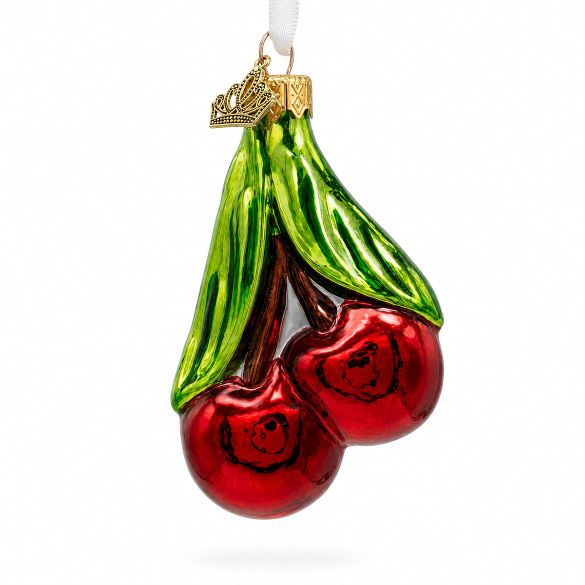 Red Cherries with Green Leaves Glass Christmas Ornament