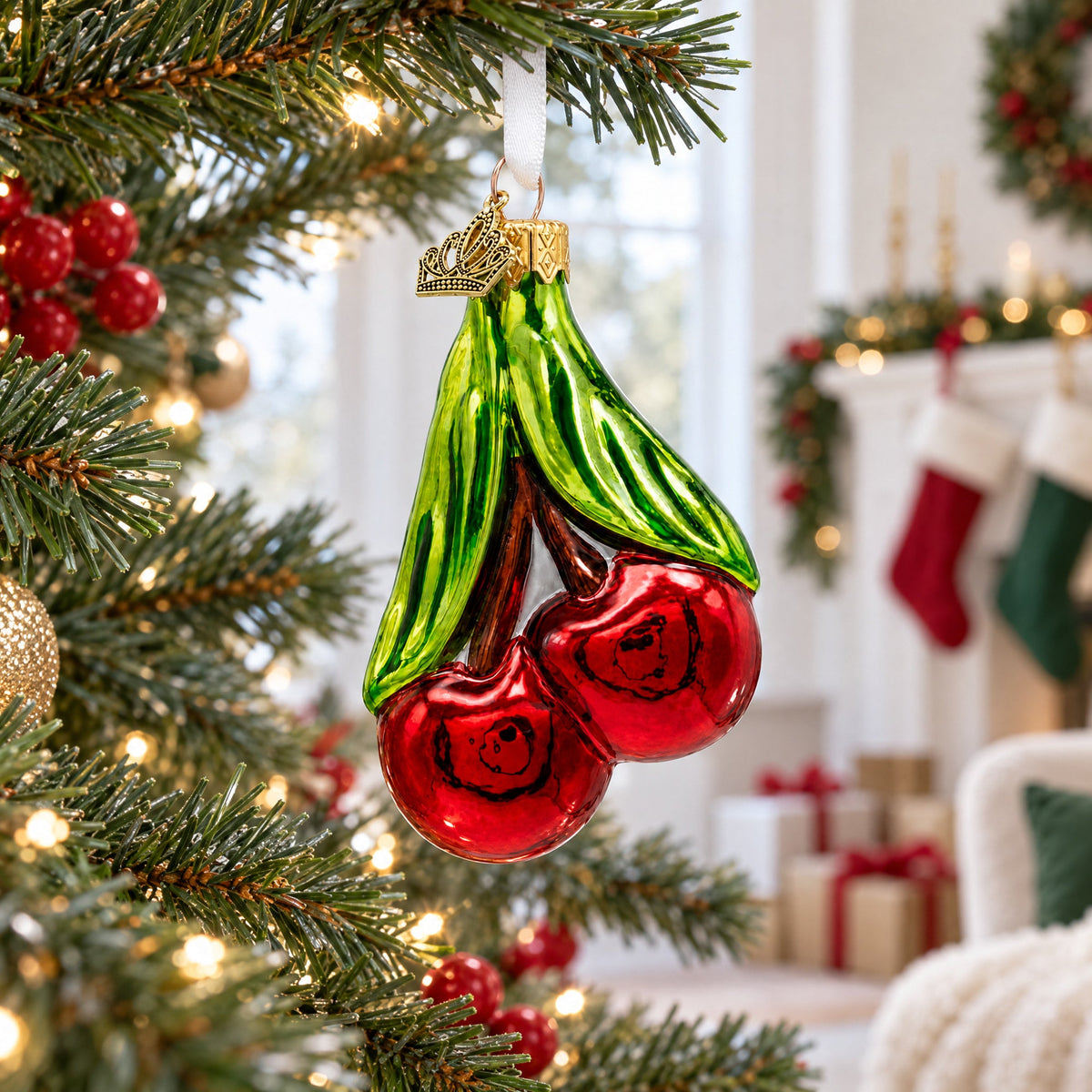Red Cherries with Green Leaves Glass Christmas Ornament