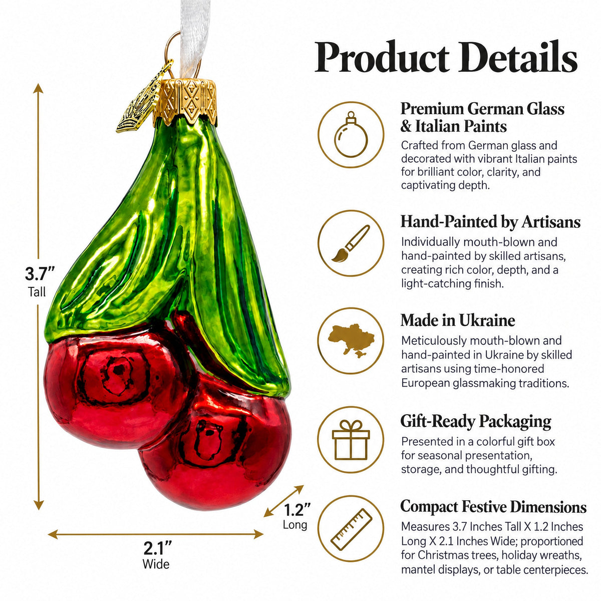 Red Cherries with Green Leaves Glass Christmas Ornament