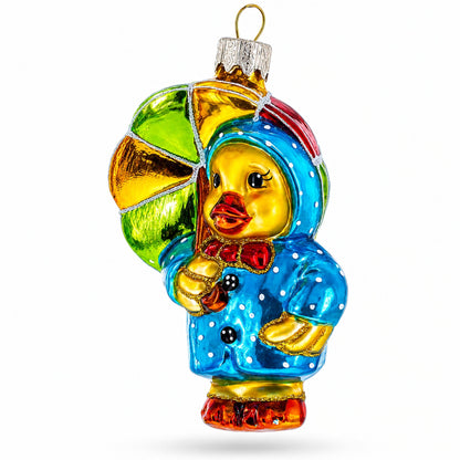 Duckling with Polka Dot Raincoat and Umbrella Glass Christmas Ornament