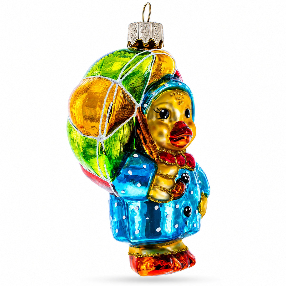 Duckling with Polka Dot Raincoat and Umbrella Glass Christmas Ornament