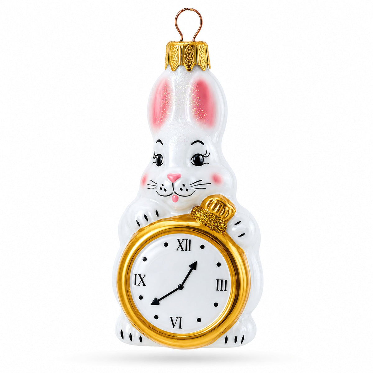 White Bunny with Timepiece Motif Glass Christmas Ornament