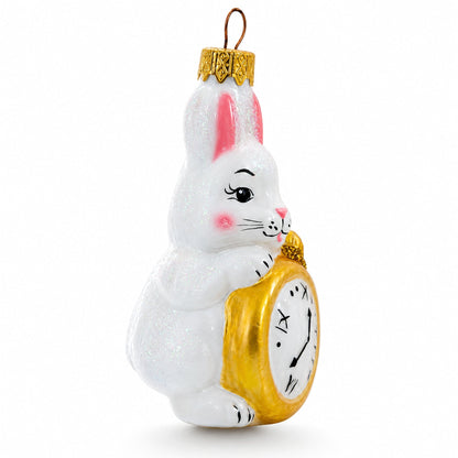 White Bunny with Timepiece Motif Glass Christmas Ornament