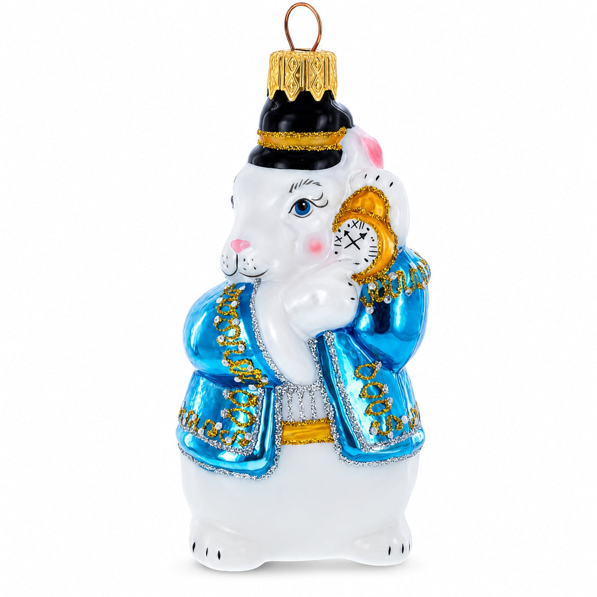 Rabbit with Blue Winter Coat and Gold Watch Glass Christmas Ornament