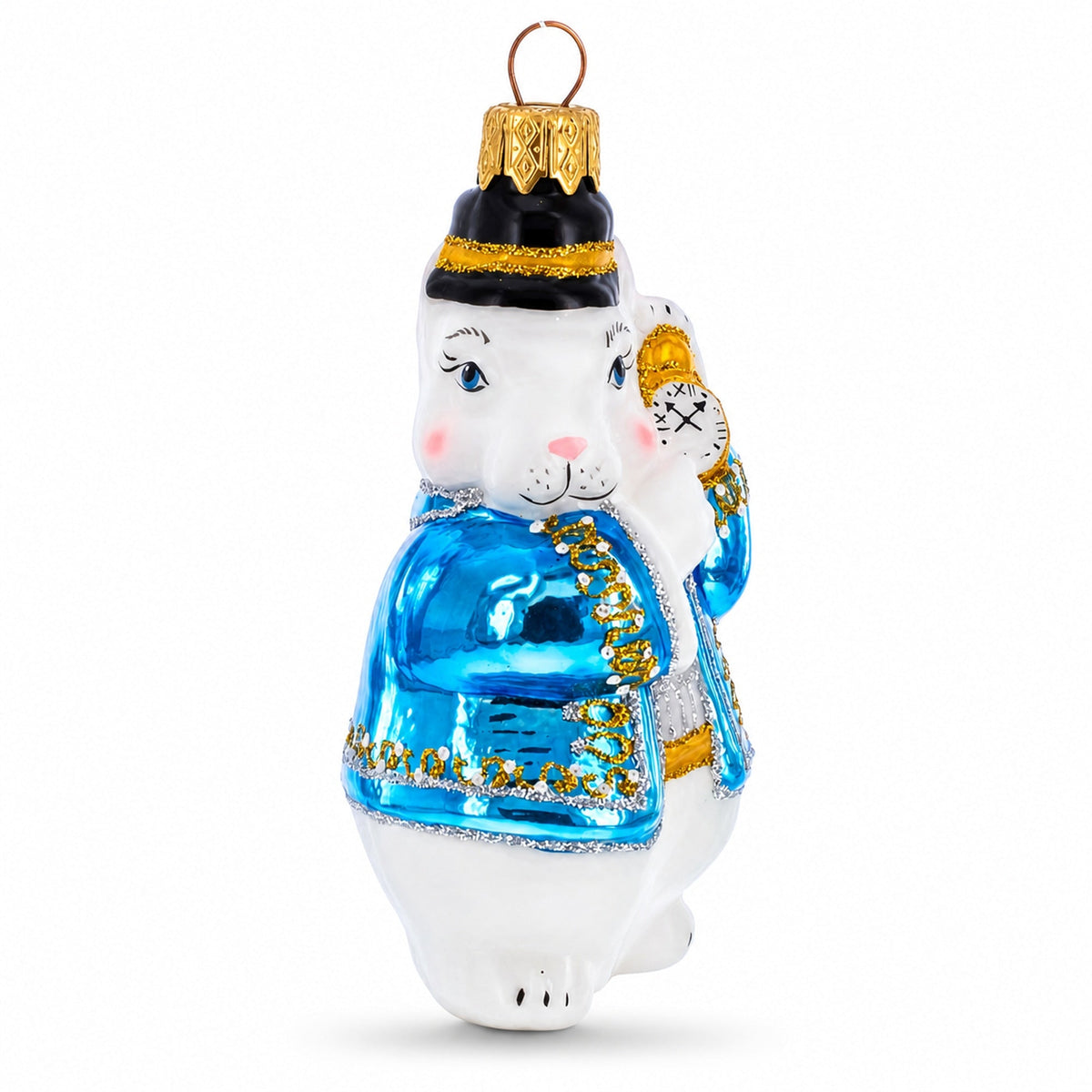 Rabbit with Blue Winter Coat and Gold Watch Glass Christmas Ornament