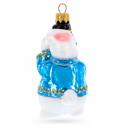 Rabbit with Blue Winter Coat and Gold Watch Glass Christmas Ornament