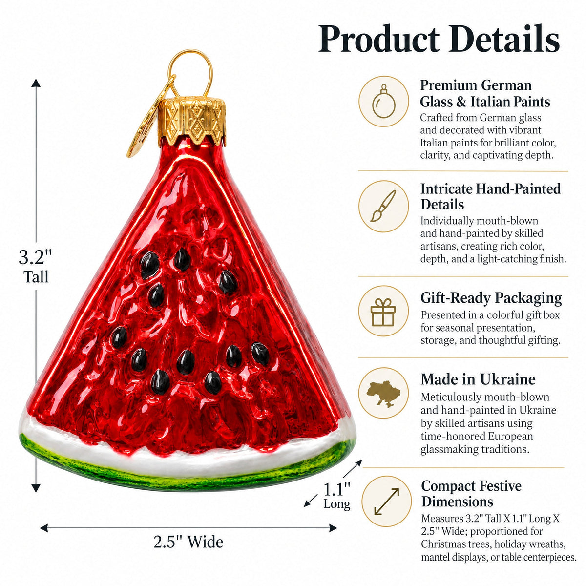 Juicy Watermelon Slice with Black Seed Glass Christmas Ornament
