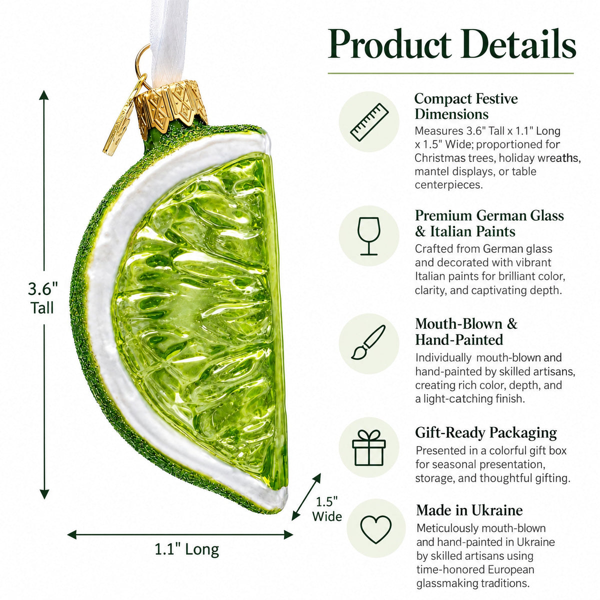 Lime Fruit Slice with Sparkle Finish Glass Christmas Ornament