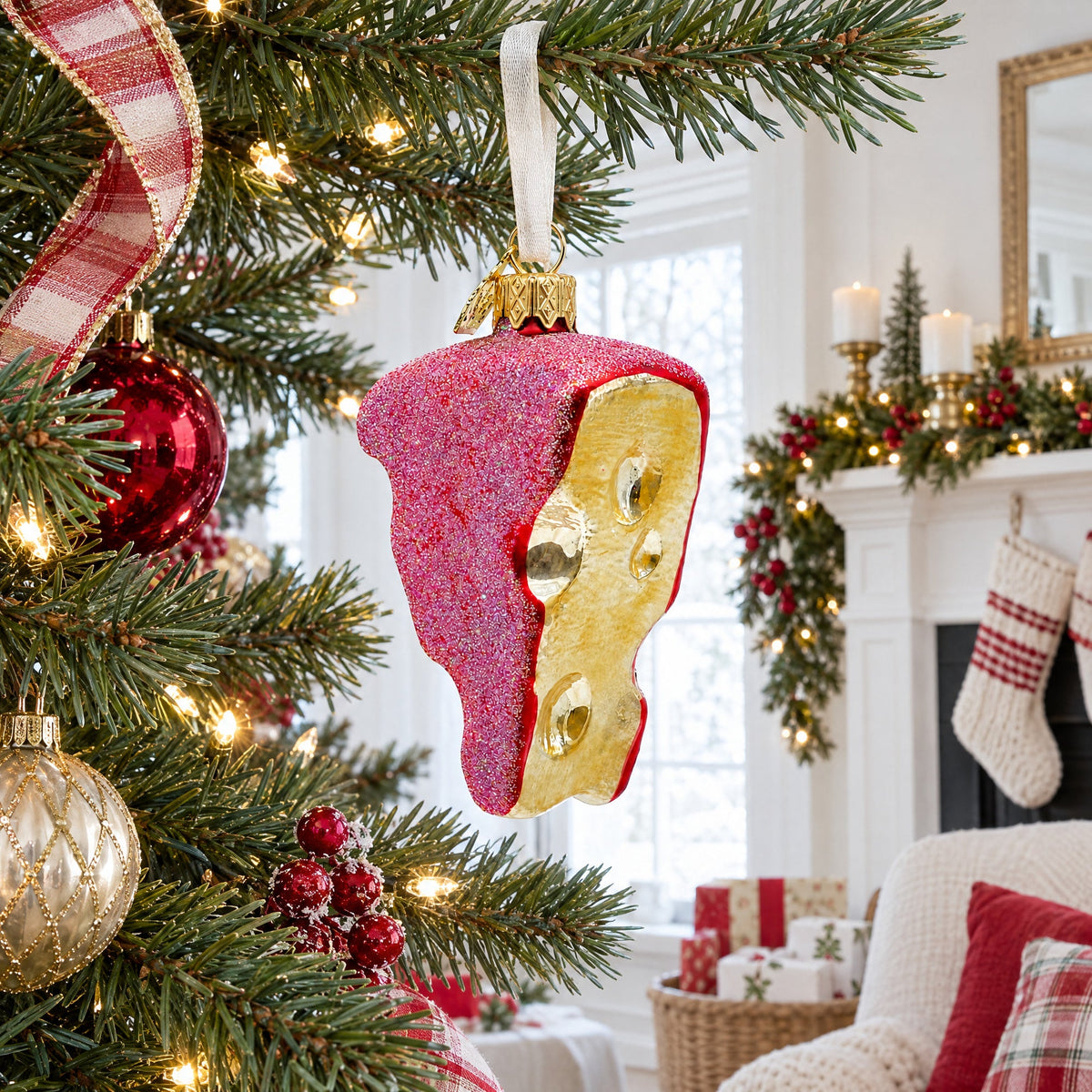 Swiss Cheese Wedge with Hole Details Glass Christmas Ornament