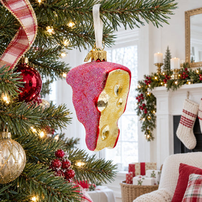 Swiss Cheese Wedge with Hole Details Glass Christmas Ornament