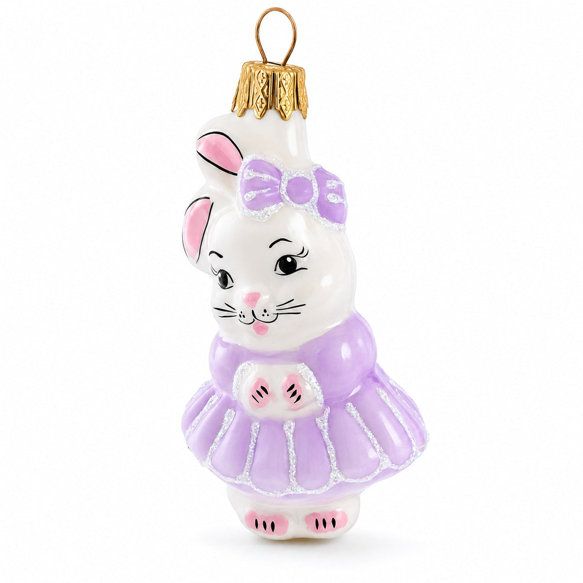 White Bunny Wearing Purple Tutu Dress Glass Christmas Ornament