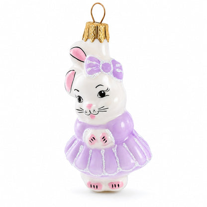 White Bunny Wearing Purple Tutu Dress Glass Christmas Ornament