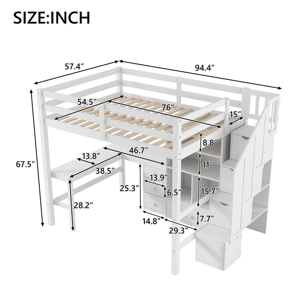 Loft Bed & L Shaped Desk, Drawers, Cabinet, And Storage Staircase