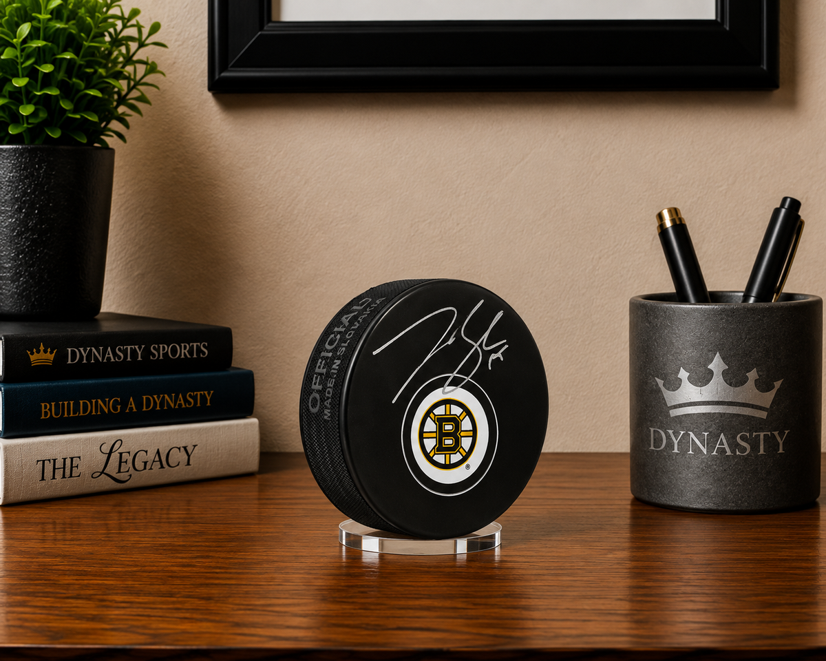Johnny Beecher Autographed Boston Bruins Hockey Logo Puck