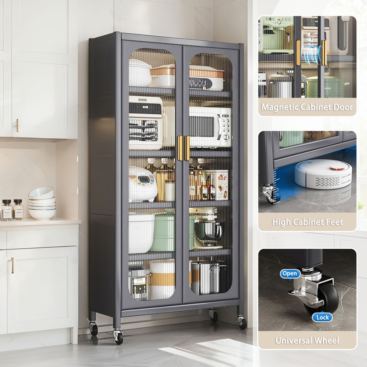 6 Tier Storage Cabinet With Transparent Door, Adjustable Shelves & Wheels