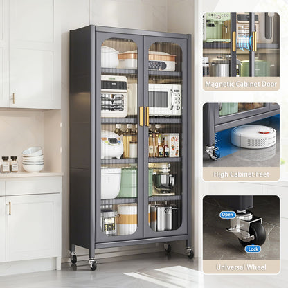 6 Tier Storage Cabinet With Transparent Door, Adjustable Shelves & Wheels