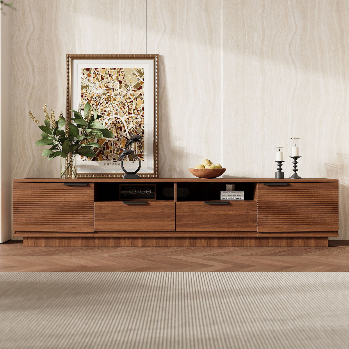 TV Stand, Entertainment Center With Deep Drawers, Cable Management & Soft Closing Hinges