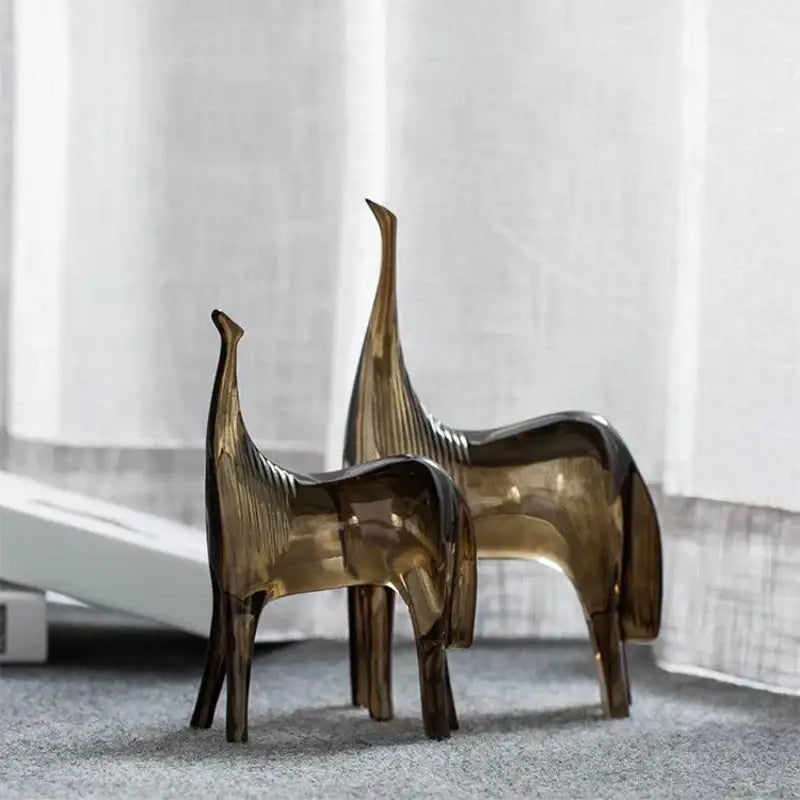 Abstract amber glass horse couple sculpture set living room decor