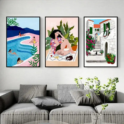 Vibrant abstract beach canvas painting for living room wall art