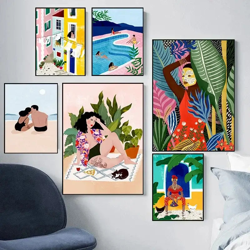 Vibrant abstract beach canvas painting for living room wall art