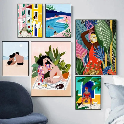 Vibrant abstract beach canvas painting for living room wall art