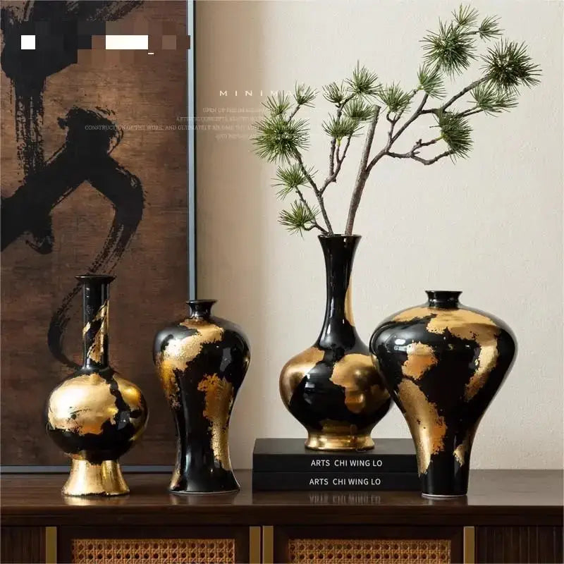 Abstract black and gold foil pattern ceramic vases living room decor
