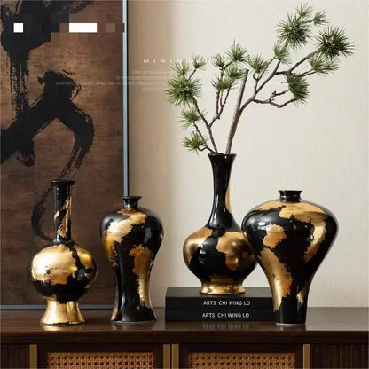 Abstract black and gold foil pattern ceramic vases living room decor