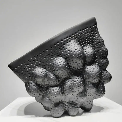 Abstract black ceramic pleated vase living room textured sculpture