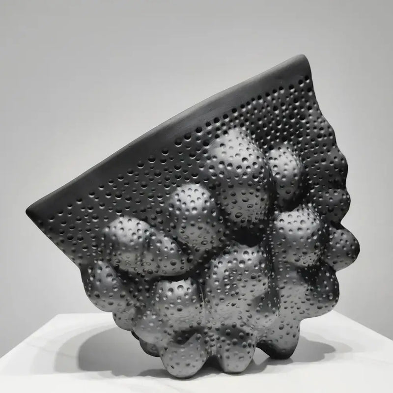 Abstract black ceramic pleated vase living room textured sculpture