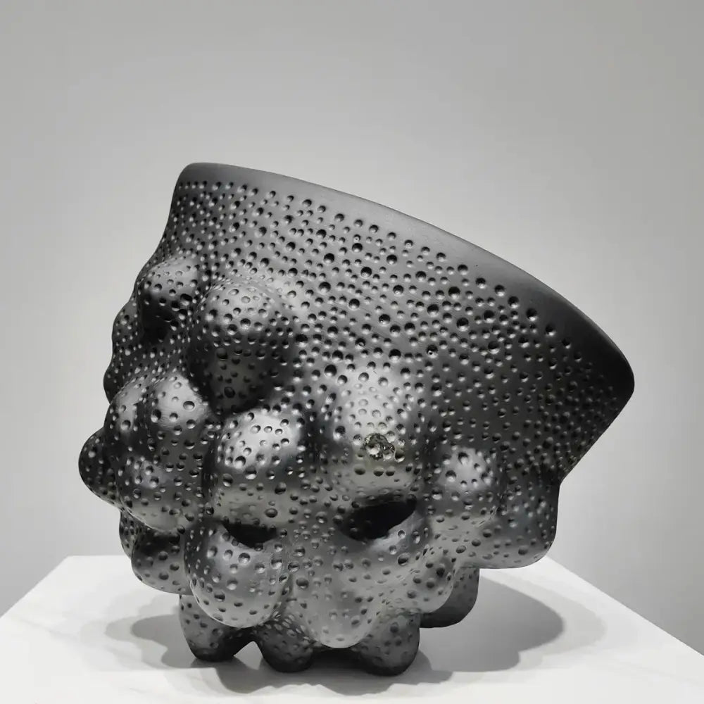 Abstract black ceramic pleated vase living room textured sculpture