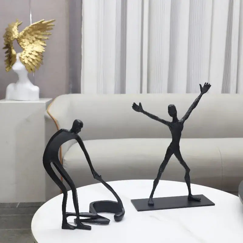 Abstract black geometric couple cast iron sculpture living room decor