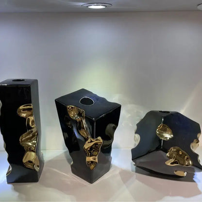Abstract black & golden notch ceramic vase living room decor accessory