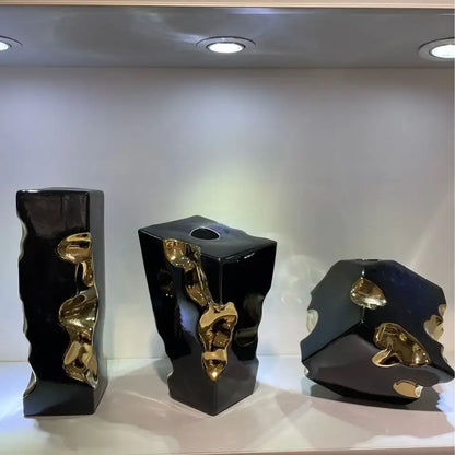 Abstract black & golden notch ceramic vase living room decor accessory