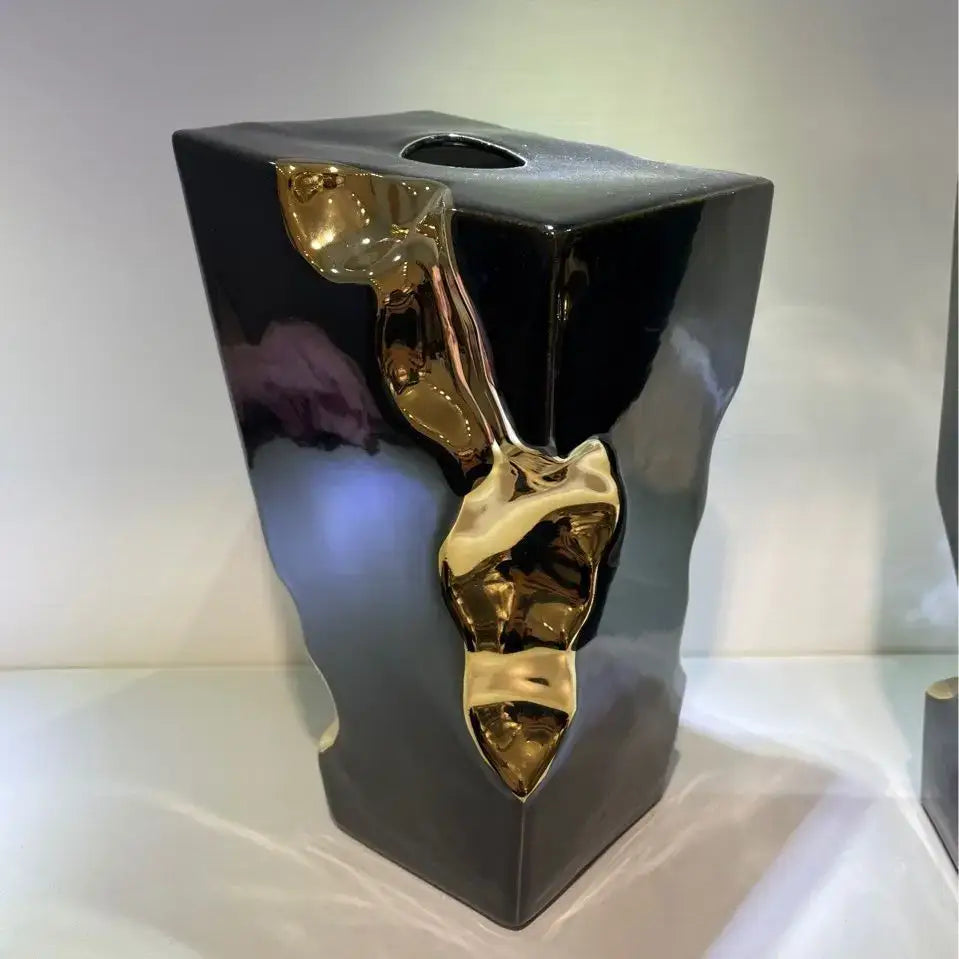 Abstract black & golden notch ceramic vase living room decor accessory