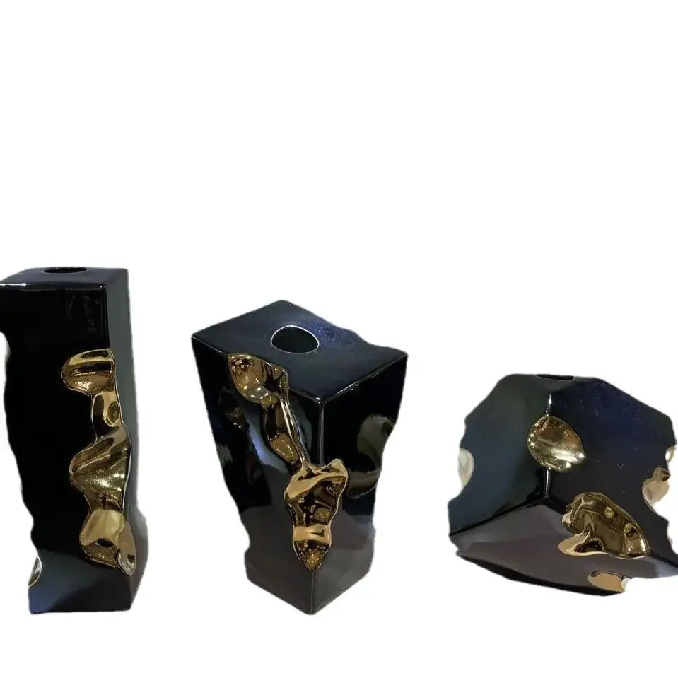 Abstract black & golden notch ceramic vase living room decor accessory