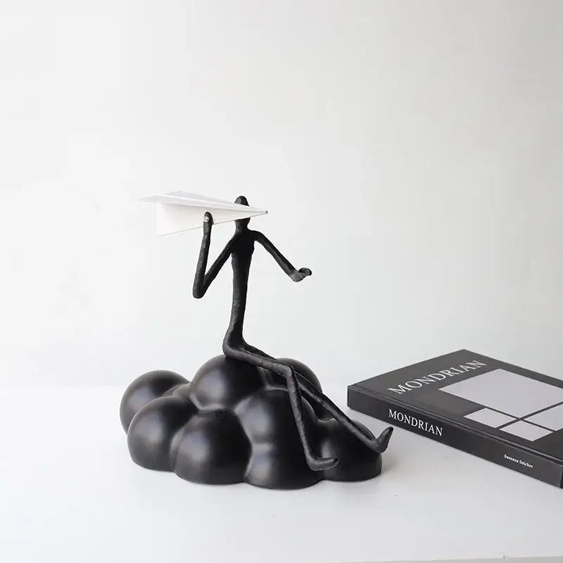 Abstract black resin paper airplane cloud figurine living room decor