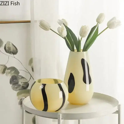 Abstract black stripes cream ceramic vase living room decor