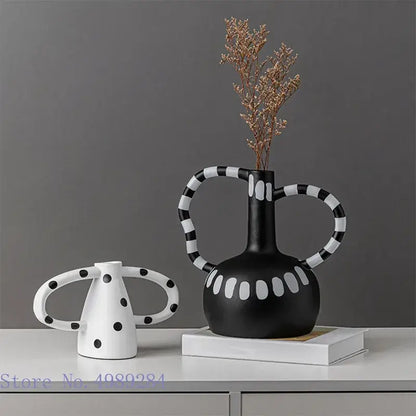 Abstract black & white ceramic vase set living room white spots