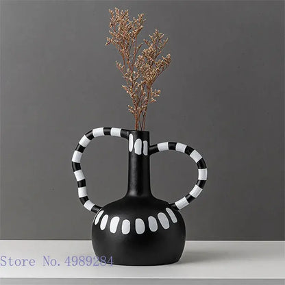 Abstract black & white ceramic vase set living room white spots