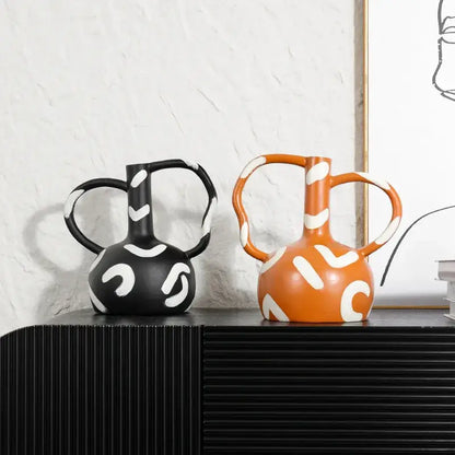 Abstract black & white geometric striped vase with abstract handle living room decor