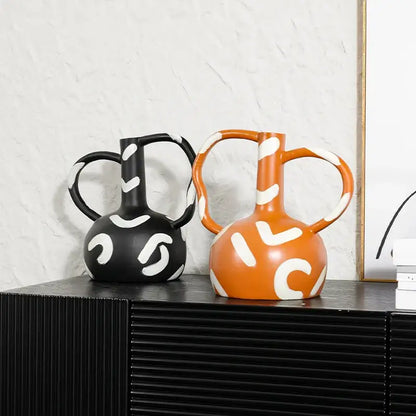 Abstract black & white geometric striped vase with abstract handle living room decor